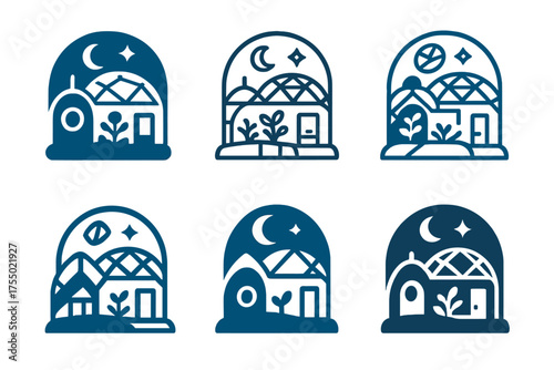 Futuristic Habitat Logos. A futuristic space habitat with living quarters, gardens, and workspaces. Set Logo of A futuristic space habitat with