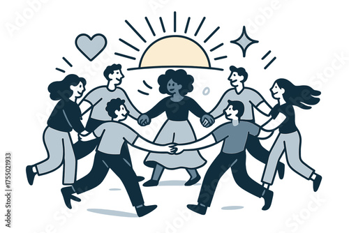 Glowing Unity Circle. Unity circle. Glowing community holding hands in a ritual circle under rising sun. Floating icons of heart, sparkle, and rays symbolizing