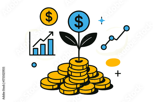 Money Tree Growth. Investment Growth. Small sapling money tree growing from pile of coins, floating abstract icons of charts and dollar signs, playful and