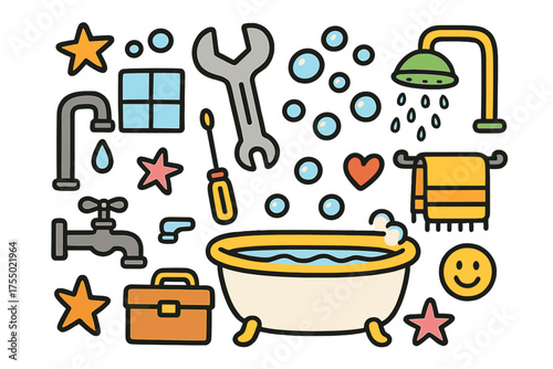DIY Bathtub Doodle. DIY Installation. Colorful Hand-drawn doodle Children illustration bathtub, wrench, screwdriver, toolbox, faucet, pipe, tile, water