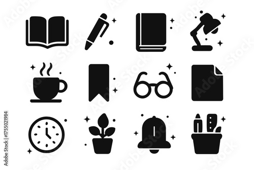 Writing Essentials Icons. Writing and reading. Solid icons set of Writing and reading: open book, pen, notebook, desk, lamp, coffee cup, bookmark, glasses,