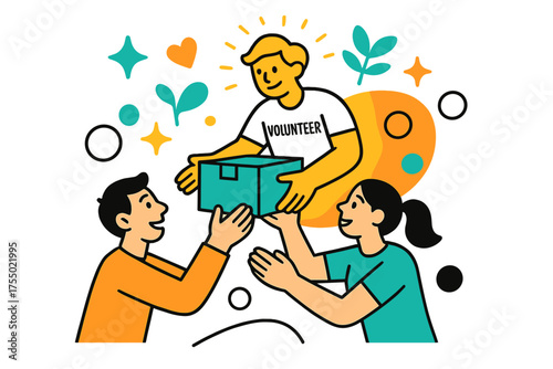 Volunteer Kindness Illustrated. Helping Hands. A glowing volunteer handing supplies to others, abstract floating spark and heart icons symbolizing kindness and