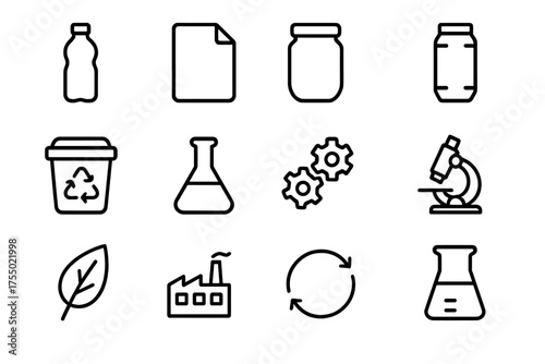 Material Recycling Icons. Material recycling. Line icon set of Material recycling: plastic bottle, paper sheet, glass jar, aluminum can, recycling bin,