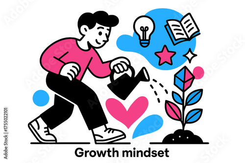 Geometric Growth Mindset. Growth mindset. Individual watering a small plant that sprouts into geometric shapes, floating icons of ideas, books, and stars