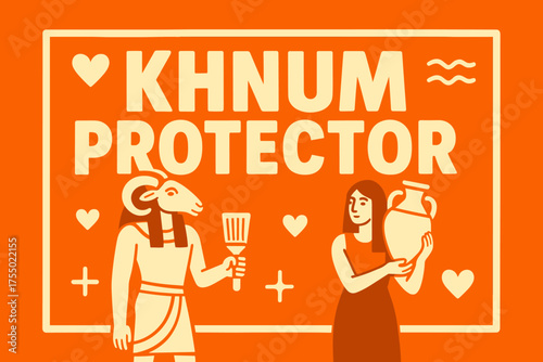 Khnum Banner Design. Khnum Protector banner, flat vector illustration, bold oversized text inside rectangular frame, cartoon characters standing and holding