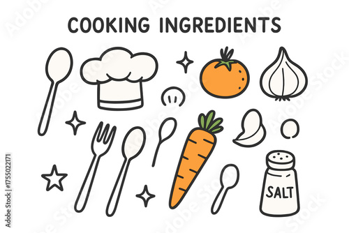 Colorful Cooking Doodles. Cooking Ingredients. Hand-drawn doodle illustration chef?s hat (colored), tomato (colored), onion, garlic (colored), salt shaker,