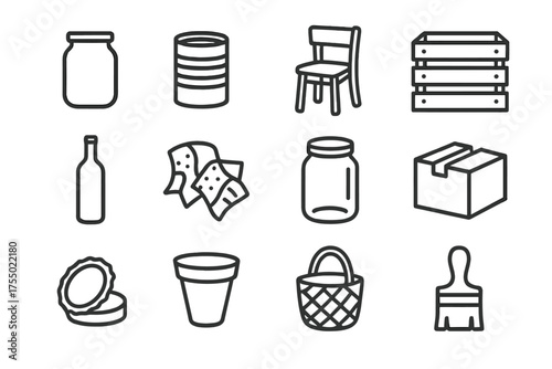 Upcycled Icons Collection. Upcycling household items. Line icon set of Upcycling household items: glass jar, tin can, old chair, wooden crate, wine bottle,
