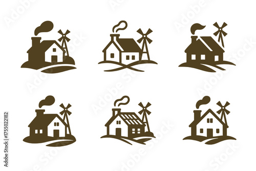 Rustic Farmhouse Logos. A rustic farmhouse with a windmill in the distance. Set Logo of A rustic farmhouse with a windmill in the distance: Masonry chimney and