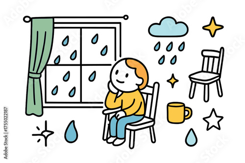Gazing Through Raindrops. Gazing Outside. Hand-drawn doodle illustration person (colored), window (colored), raindrops (colored), cloud, curtain (colored),