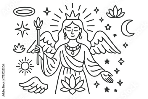 Divine Symbols Illustration. Divinity. Hand-drawn doodle illustration Divinity halo crown flowing robes lotus flower scepter wings star sun moon jewelry