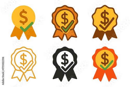 Minimum Wage Logos. Minimum wage laws. Set Logo of Minimum wage laws: Ribbon badge with dollar and checkmark. harmonious logo variations of the same emblematic