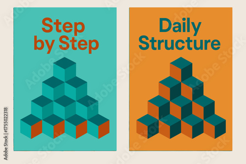 Geometric Banner Design. Determination. Two vertical A6 banners with safe margins, centered composition, no elements touching edges, geometric style, turquoise