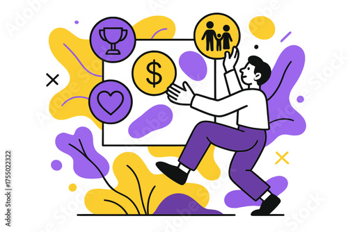 Vision Board Icon Placement. Vision Board Creation. Person placing floating value icons on board, abstract shapes showing priorities and aspirations, playful