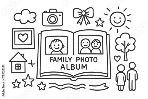 Family Album Doodles. Family Photo Album. Hand-drawn doodle illustration Family Photo Album photo frame camera album pages heart star ribbon tree house sun