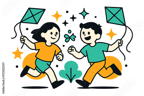 Playful Kite Adventure. Playground Joy. Two glowing children running with kites, abstract floating spark and star icons symbolizing carefree friendship. Modern