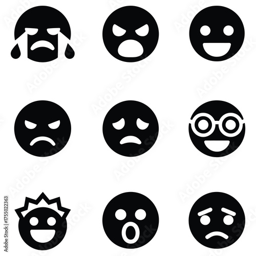Collection of black and white emoji icons expressing various emotions