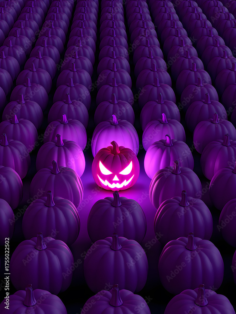 Obraz premium Glowing Evil Jack-o'-Lantern Standing Out in a Dark Field of Purple Pumpkins