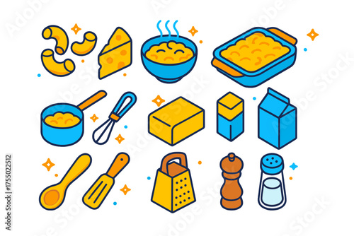 Mac & Cheese Icons. Mac & Cheese Night. Colorful isometric vector icons set of mac & cheese night: macaroni pasta, cheese wedge, steaming bowl, oven dish,