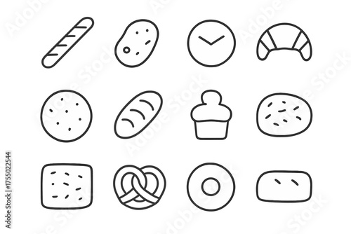 Traditional Bread Icons. Traditional breads. Line icon set of Traditional breads: baguette, naan, pita, croissant, tortilla, rye loaf, brioche, focaccia,