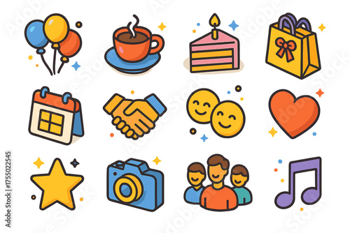 Festive Icons Collection. Social Gathering. Colorful isometric vector icons set of social gathering: balloons, coffee cup, cake, gift bag, calendar, handshake,