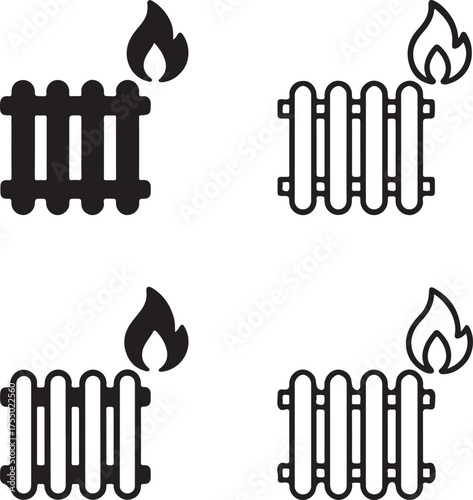 Isolated heating icons, black heating radiator flame symbol, home temperature vector, minimal thin stroke heating warmth icon, comfort illustration, editable winter design