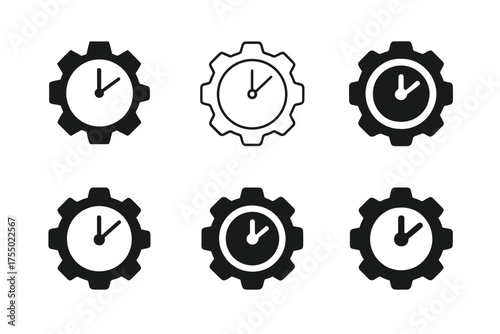 Digital Clock Logos. Resetting a digital clock. Set Logo of Resetting a digital clock: settings gear with time dial. harmonious logo variations of the same
