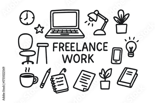 Freelance Work Doodles. Freelance work. Hand-drawn doodle illustration freelance work laptop, desk, chair, coffee cup, notebook, pencil, paper, lamp, plant,
