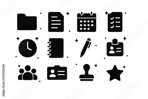 Record Keeping Icons. Record keeping. Solid icons set of Record keeping: folder, document, checklist, calendar, clock, notebook, pen, clipboard, group of