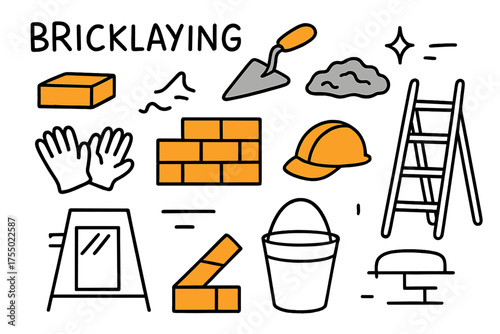 Colorful Bricklaying Doodle. Bricklaying. Hand-drawn doodle illustration bricks (colored), trowel (colored), mortar (colored), sparkle, star, gloves, helmet,