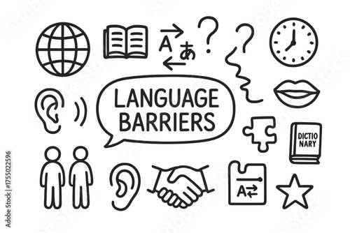 Language Barriers Doodle. Language barriers. Hand-drawn doodle illustration language barriers speech bubble, globe, book, ear, mouth, question mark,