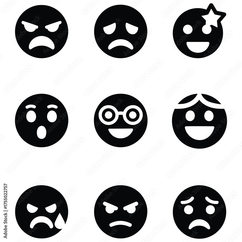 Fototapeta premium Collection of diverse emoji faces expressing various emotions. set of nine different smiles
