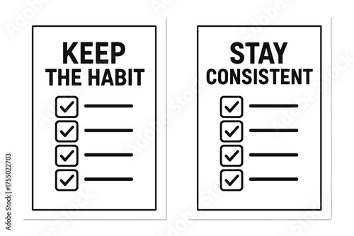 Motivational Checklist Banners. Motivation. Two vertical A6 banners with safe margins, centered composition, no elements touching edges, flat vector design,