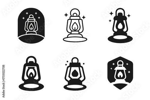 Hiking Logo Variations. Camping and hiking in nature. Set Logo of Camping and hiking in nature: Hanging lantern casting a small pool of light under starry sky.