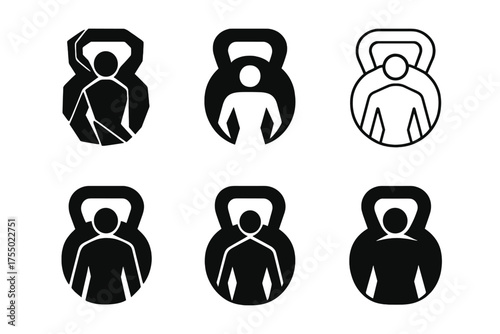 Fitness Logo Variations. Personal trainer. Set Logo of Fitness: kettlebell with personal trainer icon. harmonious logo variations of the same emblematic
