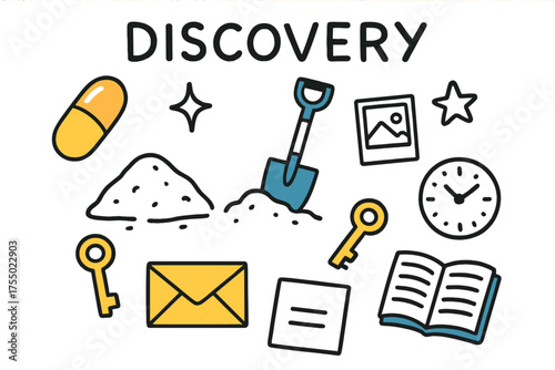 Capsule Discovery Doodle. Discovery. Hand-drawn doodle illustration capsule (colored), shovel (colored), earth mound, photo, sparkle, star, key (colored),