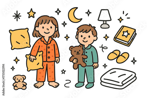Sibling Sleepover Doodle. Sibling Pajamas. Hand-drawn doodle illustration two kids in pajamas (colored), pillow (colored), teddy bear, blanket, slippers