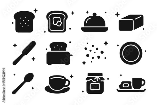 Bread and Butter Icons. Bread and butter. Solid icons set of Bread and butter: bread slice, toast with butter, butter dish, butter block, butter knife,