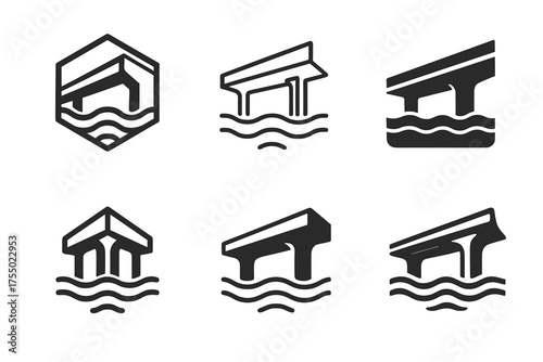 Climate-Resilient Logo Grid. climate-resilient infrastructure. Set Logo of climate-resilient infrastructure: elevated roadway (flood-proof viaduct). harmonious