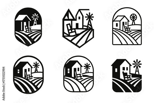 Farmhouse Logo Variations. A rustic farmhouse with a windmill in the distance. Set Logo of A rustic farmhouse with a windmill in the distance: Front porch
