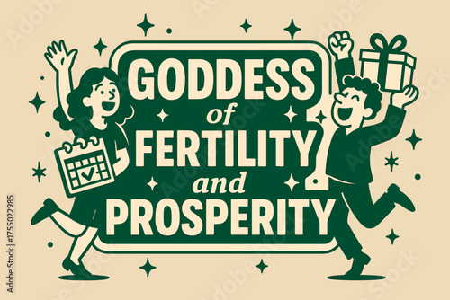 Fertility Goddess Celebration. Goddess of Fertility and Prosperity banner, flat vector illustration, bold oversized text inside sticker outline, cartoon