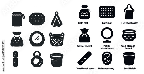 Bathroom and hygiene solid icons set – flat, filled, bath accessories symbols