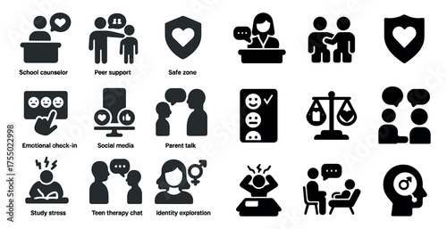 Counseling and support solid icons set – filled, mental health and wellbeing symbols