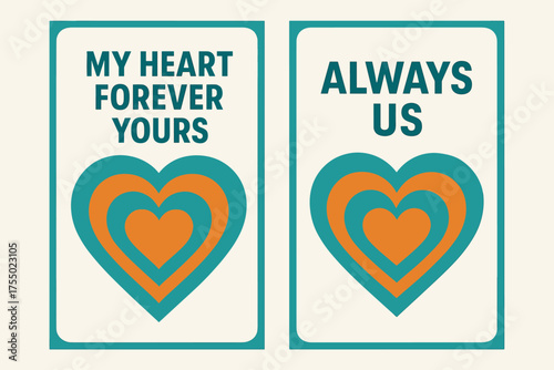 Geometric Heart Banners. Affection. Two vertical A6 banners with safe margins, centered composition, no elements touching edges, geometric style, turquoise and