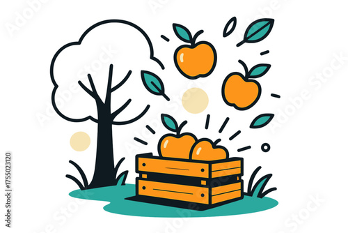 Glowing Orchard Harvest. Orchard crate. A wooden crate glowing under an apple tree, abstract floating fruits and leaves above symbolizing natural harvest.
