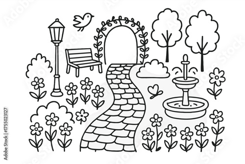 Garden Path Doodle. Garden Path. Hand-drawn doodle illustration Garden Path cobblestone path flowers bushes trees fountain lamp bench archway bird butterfly.