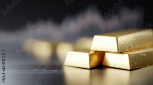 Gleaming gold bars arranged alongside a dynamic stock graph chart, illustrating gold trading and financial market trends. 3D-rendering.