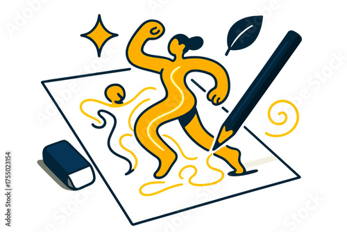 Abstract Artistic Flow. Art in progress. Glowing pencil lines forming abstract figure on paper with eraser nearby. Floating icons of sparkle, leaf, and swirl