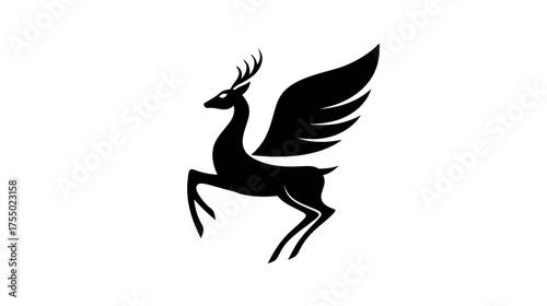 A stylized black silhouette of a winged creature, resembling a deer, leaping gracefully