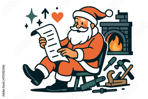Santa's Workshop Magic. Workshop moment. Glowing Santa seated by fireplace, reviewing scroll with toy-making tools nearby. Floating icons of sparkle, arrow,