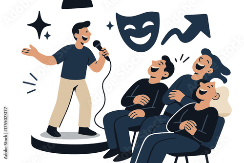 Dynamic Comedy Performance. Comedy spotlight. Glowing performer on stage with audience leaning back in laughter. Floating icons of sparkle, mask, and arrow